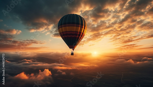 Adventure in the Sky Hot Air Balloon Soars over Mountain Landscape generated by AI © Stockgiu