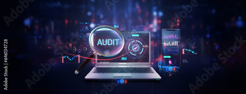futuristic datum infographic charts graphs and data analysis of corporate company accounting balance sheet and expenses audit service on laptop and mobile app screen with magnifier lens as wide banner