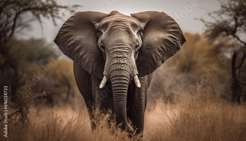 African elephant herd standing strong in tranquil savannah wilderness generated by AI