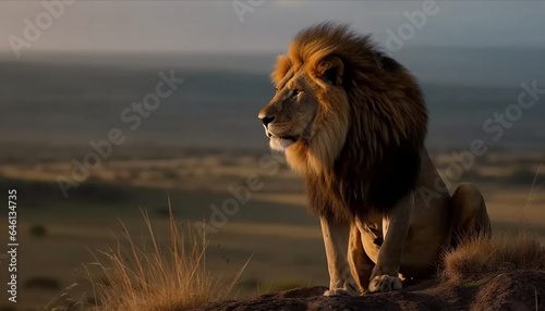 Majestic lioness resting in the tranquil savannah at dusk generated by AI