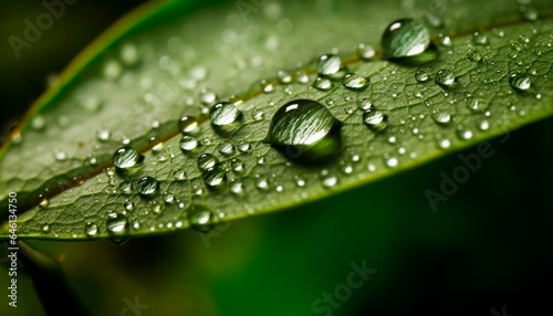 Vibrant green leaf with dew drop reflects tranquil forest environment generated by AI