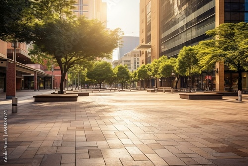 Empty urban plaza with vacant street pavement at city center. Generative AI © Koda