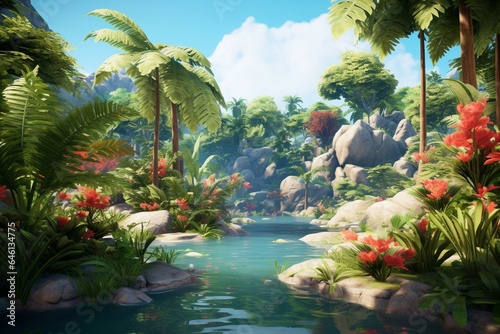 Vibrant tropical scenery with dense foliage  verdant terrain  and an adventurous vibe. Perfect for UI  outdoor parks  and summer settings. Generative AI