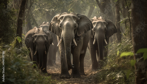 Large herd of African elephants walking in tropical rainforest generated by AI