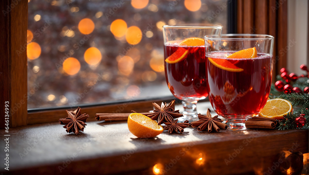 Fototapeta premium Beautiful glasses with mulled wine, cinnamon, star anise