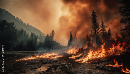 Burning forest fire destroys natural landscape, leaving destruction and ash generated by AI