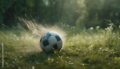 Green grass, blue sky, yellow ball soccer summer fun generated by AI © Stockgiu