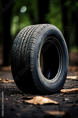 A black rubber tyre on a piece of wasteland. © Spencer