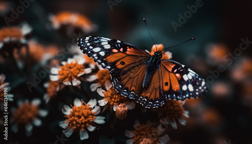Vibrant monarch butterfly pollinates spotted flower in tranquil scene generated by AI © Stockgiu