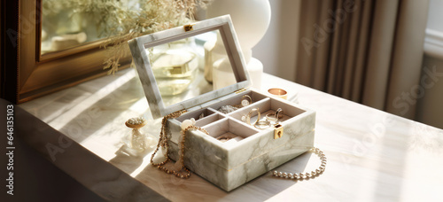 opened jewelry and beauty accessories women wear organizer box or travel container with mirror and ring and bracelet space in elegant modern stylish design on top of bedroom dresser table