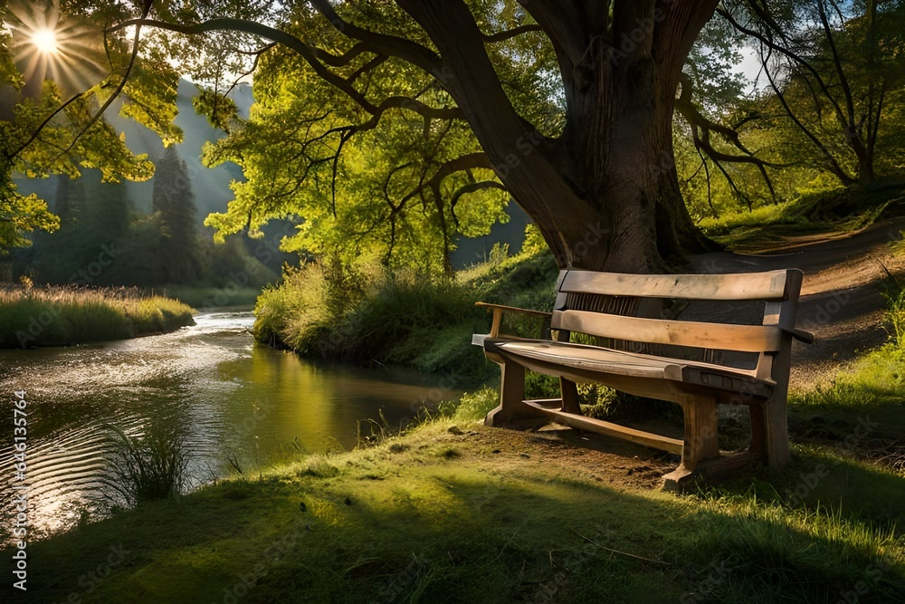 bench in park, An inviting bench nestled beneath the shade of an ancient oak tree, positioned beside a meandering river.
