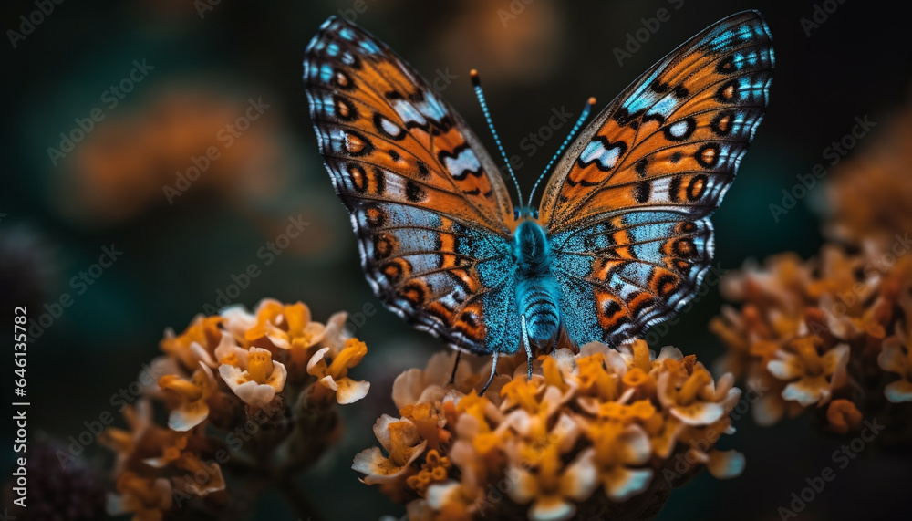 Vibrant butterfly pollinates fragile flower in tranquil tropical scene generated by AI Vibrant butterfly pollinates fragile flower in tranquil tropical scene generated by AI