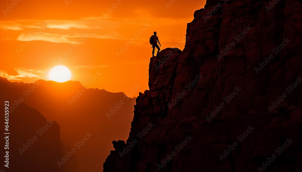 Man conquers mountain peak at sunset, a true adventure success generated by AI