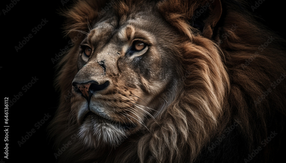 Naklejka premium Majestic lion staring at camera, showcasing strength and beauty generated by AI