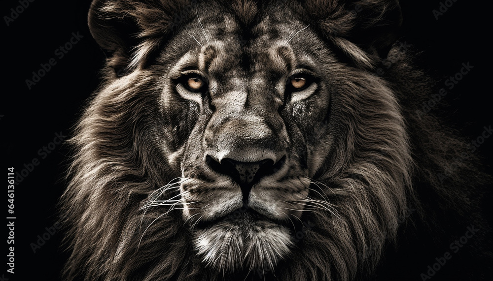 Majestic lion staring, close up portrait of a powerful male generated by AI