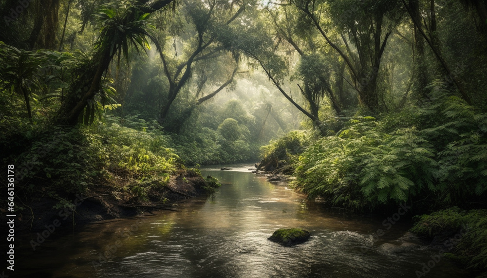Tranquil scene of a tropical rainforest with flowing water and ferns generated by AI Tranquil scene of a tropical rainforest with flowing water and ferns generated by AI