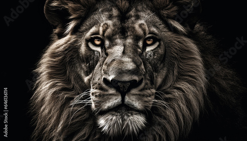 Majestic lion staring, close up portrait of a powerful male generated by AI