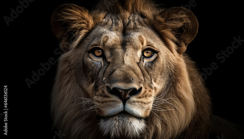 Majestic lion staring at camera  showcasing strength and aggression generated by AI