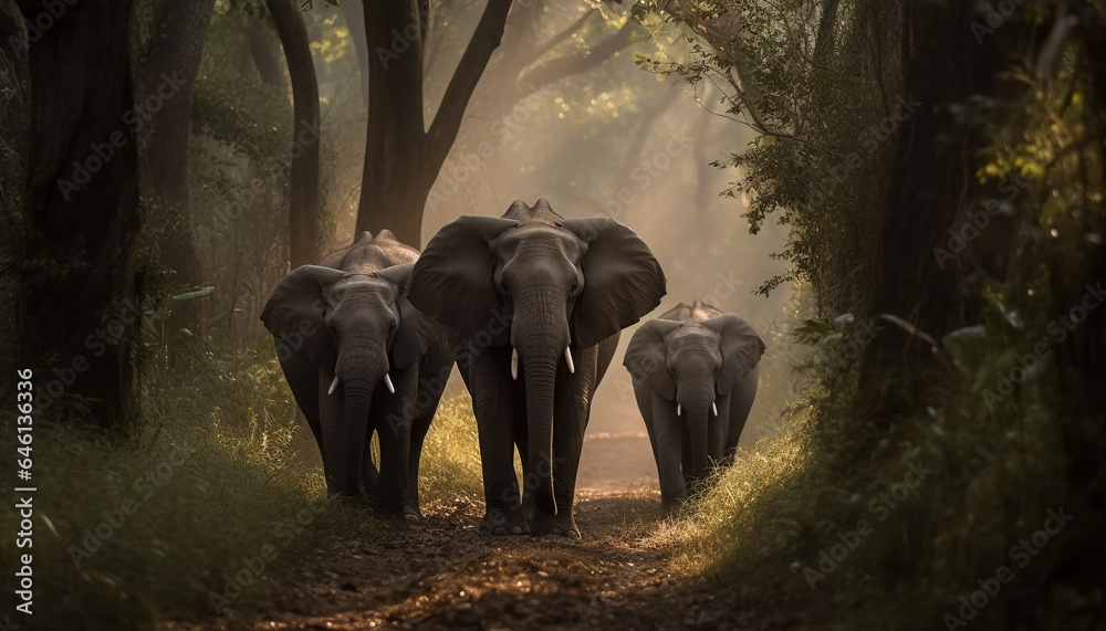 Young elephant walking in tranquil African wilderness with family herd generated by AI