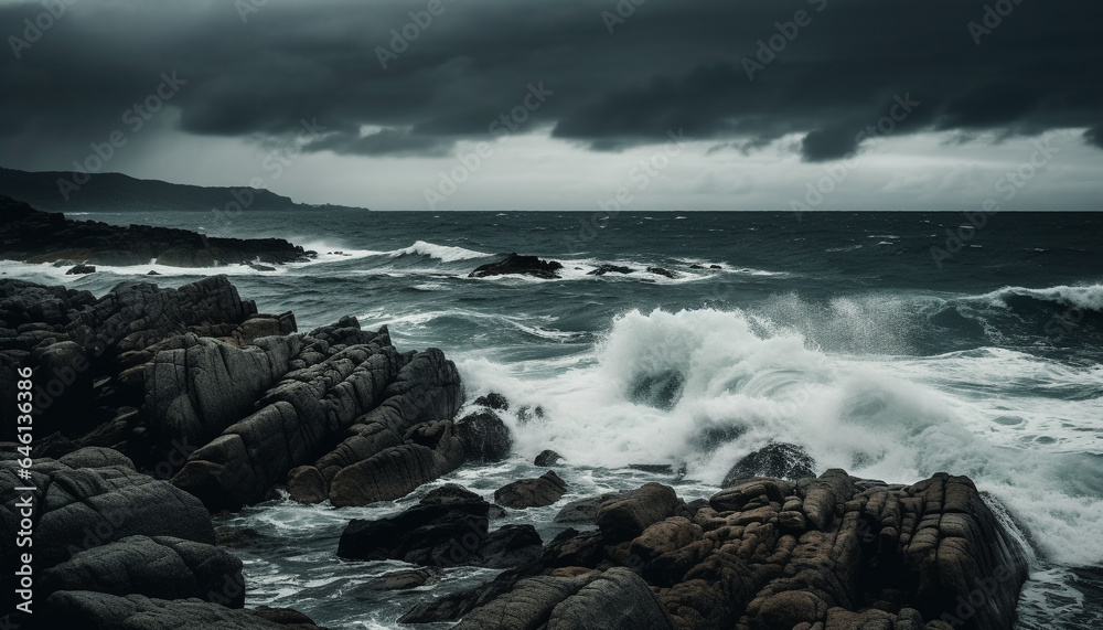 Rough waters crash against rocky coastline, dramatic sky overhead generated by AI