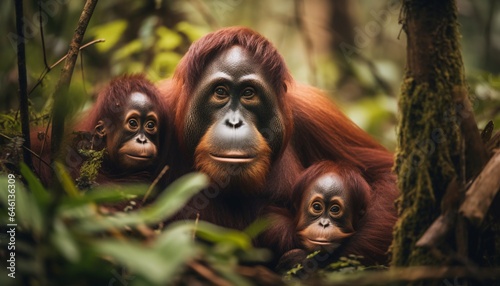 Young orangutan sitting in green forest, a cute primate portrait generated by AI © Stockgiu