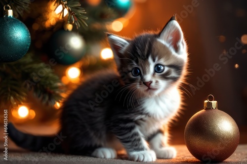 Adorable kitten playing with christmas bauble on background of christmas tree and ornaments in warm illumination lights. Cozy winter holidays, Merry Christmas and happy new year