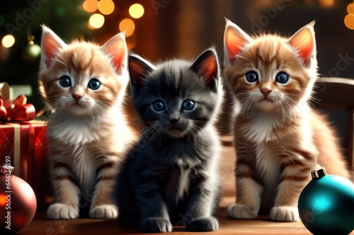 Christmas cats as gift for children. Portrait of group of kittens sitting on the table on the background of a Christmas tree and lights of garlands. Happy new year concept