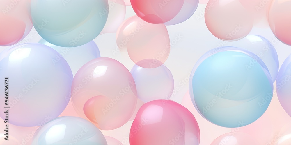 Seamless background of mix sizes iridescent pastel 3d spheres, pink, blue, purple