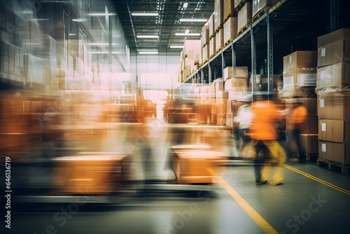 Blurred image of warehouse employees in action, moving shipment boxes efficiently, showcasing the dynamics of international trade logistics 