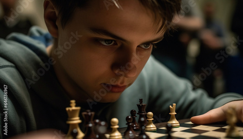Serious young adult males in competitive chess battle with concentration generated by AI