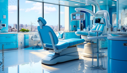 A dentist chair with a panoramic view of the city skyline