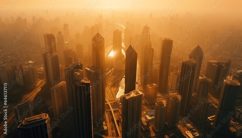 Modern city skyline glows at dusk, a futuristic travel destination generated by AI