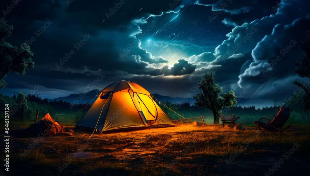A tent in the middle of a field under a cloudy sky