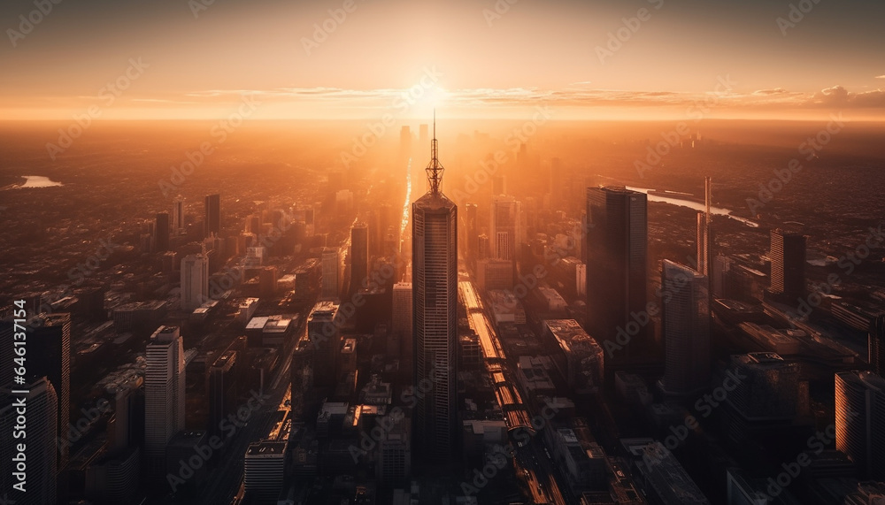 Sunset illuminates modern skyscrapers in famous financial district skyline generated by AI
