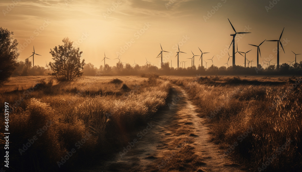 Wind turbines turning in a row, powering sustainable resources at sunset generated by AI