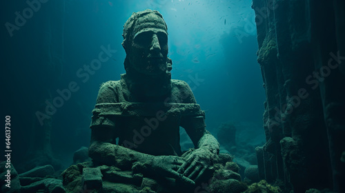 Broken statue under the sea, ruins from a lost civilization. Shallow field of view.