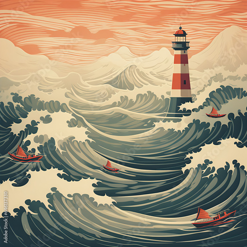 Ukiyoe Inspired Seamless Vector Pattern with Lighthouse: Vintage Japanese Art in Minimalistic Paper Style