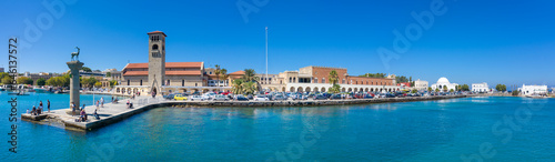 Mandraki port with fort of St. Nicholas and windmills, Rhodes, Greece. 