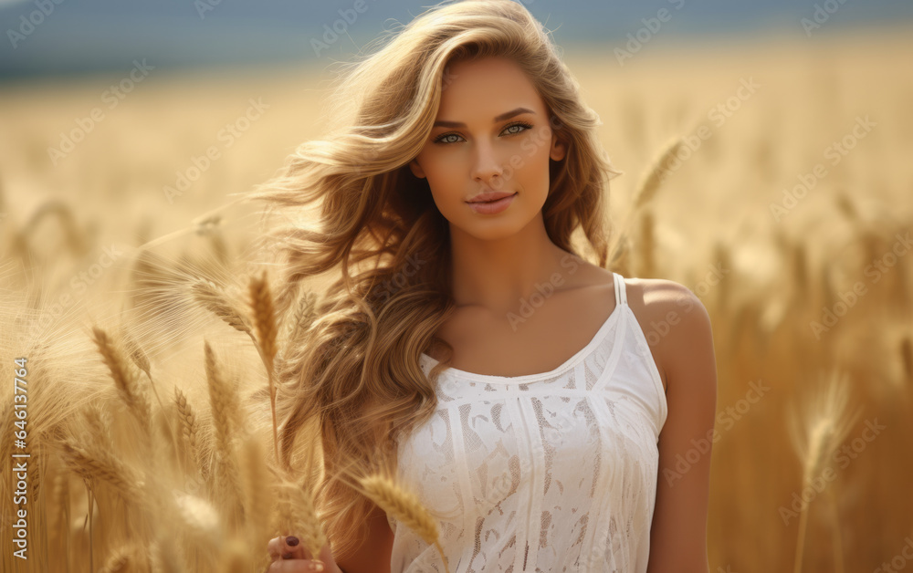 Beautiful blonde woman portrait walking in middle of a wheat field