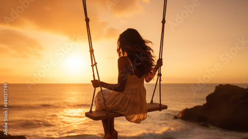 A woman sitting on a swing in front of the ocean and admiring the sunset , summer vibes