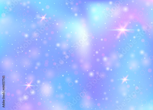Unicorn background with rainbow mesh. Cute universe banner in princess colors. Fantasy gradient backdrop with hologram. Holographic unicorn background with magic sparkles, stars and blurs.