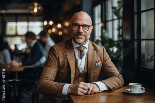 Bald bespectacled middle-aged man wearing a suit in an aesthetically pleasing cafe