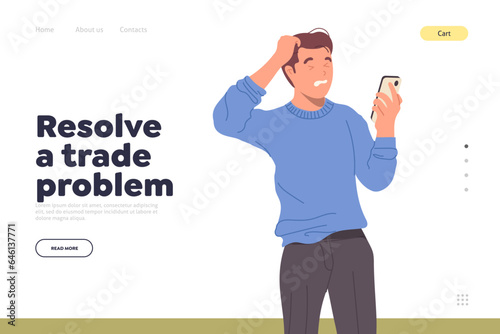 Online virtual help service offering resolve trade problem landing page with frustrated man investor