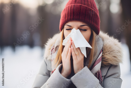 Young European woman with the flu, blowing her nose using a tissue, managing symptoms and seeking relief from discomfort during cold or allergy season photo