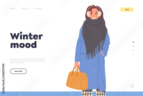 Trendy fashion outfit for female winter mood landing page design template with stylish woman