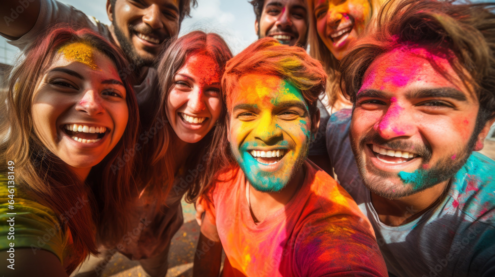 Happy group of Indian people celebrating Holi the Hindu Festival of Colours, Love and Spring