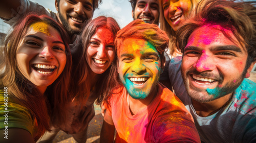 Happy group of Indian people celebrating Holi the Hindu Festival of Colours, Love and Spring