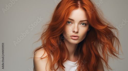 Isolated woman with copper-colored hair with a hint of coppery glow