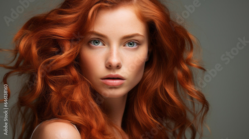 Isolated woman with copper-colored hair with a hint of coppery glow