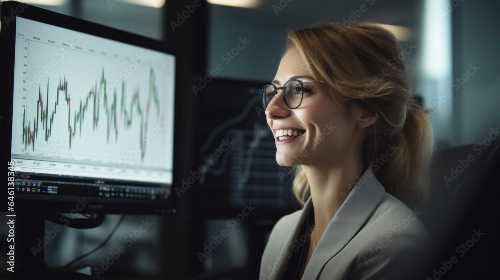 Woman data analyst in front of computer screen with graphs